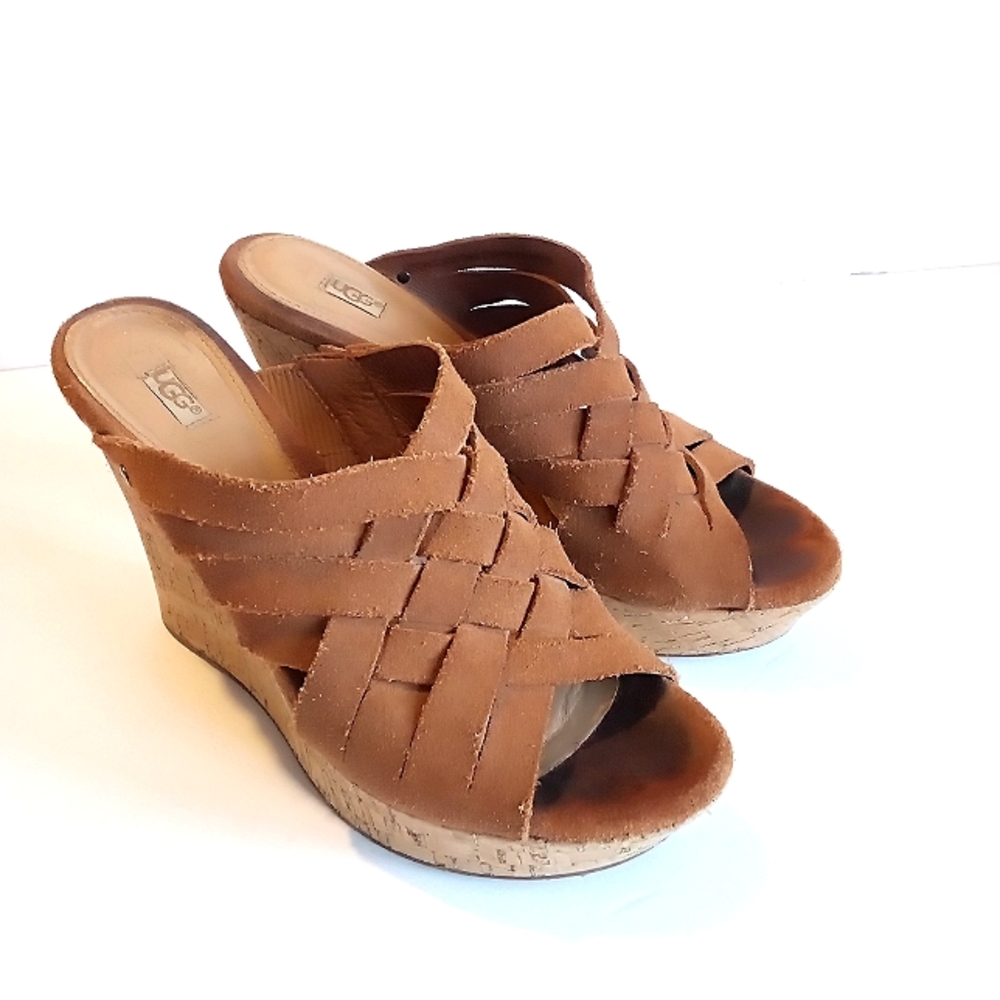 UGG Marta mahogany, braided suede, cork wedge, women's size 8w, good condition